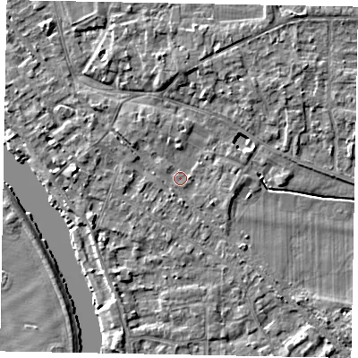 Shaded relief map of the ground around SL39EG, computed from Environment Agency LiDAR. The ground here sits at about 18 m above sea level and falls 4 m across the surrounding 800 m. Surface water reaching this point runs off ground lying to the west, 2.3 m higher.