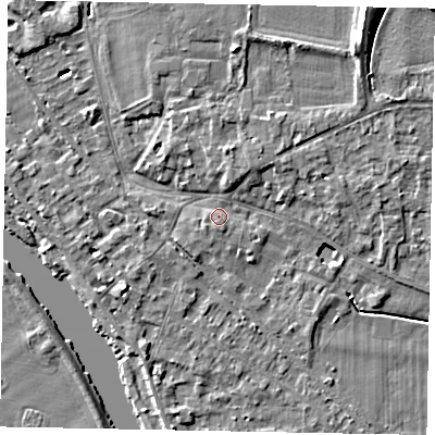 Shaded relief map of the ground around SL39EH, computed from Environment Agency LiDAR. The ground here sits at about 19 m above sea level and falls 10 m across the surrounding 800 m. Surface water reaching this point runs off ground lying to the north-east, 6.3 m higher.