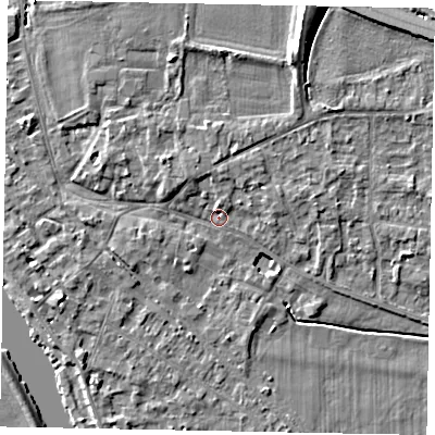Shaded relief map of the ground around SL39EN, computed from Environment Agency LiDAR. The ground here sits at about 18 m above sea level and falls 11 m across the surrounding 800 m. Surface water reaching this point runs off ground lying to the north-west, 1.9 m higher.