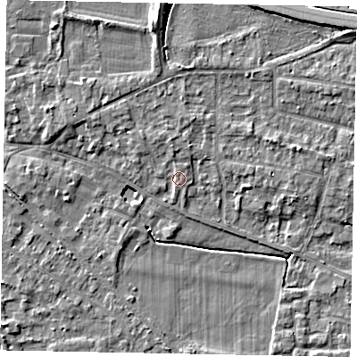 Shaded relief map of the ground around SL39EP, computed from Environment Agency LiDAR. The ground here sits at about 19 m above sea level and falls 9 m across the surrounding 800 m. Surface water reaching this point runs off ground lying to the north-north-west, 1.3 m higher.