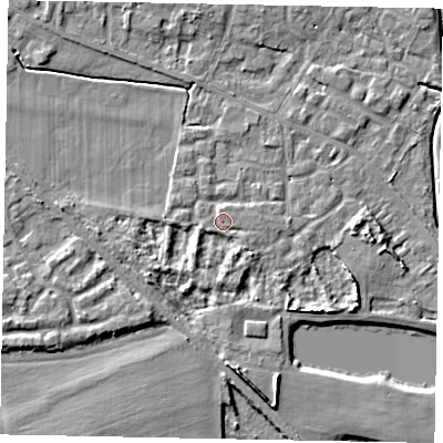 Shaded relief map of the ground around SL39EW, computed from Environment Agency LiDAR. The ground here sits at about 18 m above sea level and falls 6 m across the surrounding 800 m. Surface water reaching this point runs off ground lying to the south-south-west, 2.1 m higher.