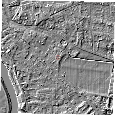 Shaded relief map of the ground around SL39EX, computed from Environment Agency LiDAR. The ground here sits at about 18 m above sea level and falls 4 m across the surrounding 800 m. Surface water reaching this point runs off ground lying to the east-north-east, 0.6 m higher.