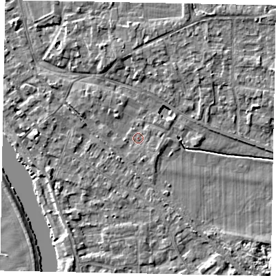 Shaded relief map of the ground around SL39EZ, computed from Environment Agency LiDAR. The ground here sits at about 18 m above sea level and falls 4 m across the surrounding 800 m. Surface water reaching this point runs off ground lying to the north-north-east, 2.9 m higher.