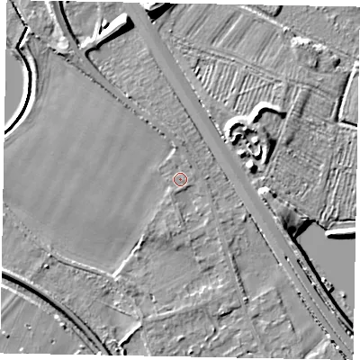 Shaded relief map of the ground around SL39FB, computed from Environment Agency LiDAR. The ground here sits at about 20 m above sea level and falls 10 m across the surrounding 800 m. Surface water reaching this point runs off ground lying to the south, 0.9 m higher.