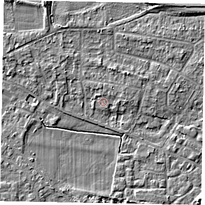 Shaded relief map of the ground around SL39HB, computed from Environment Agency LiDAR. The ground here sits at about 18 m above sea level and falls 6 m across the surrounding 800 m. Surface water reaching this point runs off ground lying to the north, 1.6 m higher.