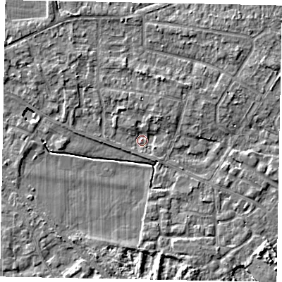 Shaded relief map of the ground around SL39HD, computed from Environment Agency LiDAR. The ground here sits at about 18 m above sea level and falls 4 m across the surrounding 800 m. Surface water reaching this point runs off ground lying to the north-west, 4.0 m higher.