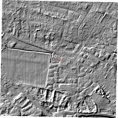 Shaded relief map of the ground around SL39HE, computed from Environment Agency LiDAR. The ground here sits at about 18 m above sea level and falls 5 m across the surrounding 800 m. Surface water reaching this point runs off ground lying to the north, 2.5 m higher.