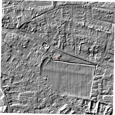 Shaded relief map of the ground around SL39HR, computed from Environment Agency LiDAR. The ground here sits at about 19 m above sea level and falls 4 m across the surrounding 800 m. Surface water reaching this point runs off ground lying to the north, 3.5 m higher.