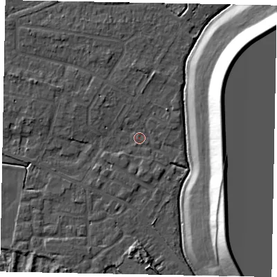 Shaded relief map of the ground around SL39HS, computed from Environment Agency LiDAR. The ground here sits at about 18 m above sea level and falls 21 m across the surrounding 800 m. Surface water reaching this point runs off ground lying to the north, 2.5 m higher.