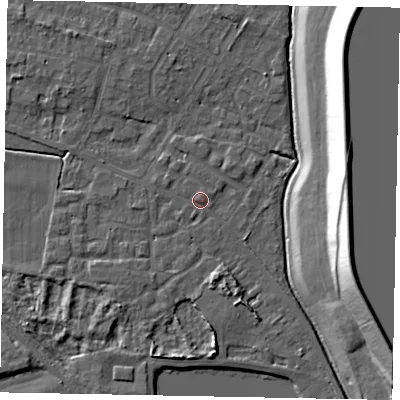 Shaded relief map of the ground around SL39HW, computed from Environment Agency LiDAR. The ground here sits at about 19 m above sea level and falls 21 m across the surrounding 800 m. Surface water reaching this point runs off ground lying to the north-north-east, 0.8 m higher.
