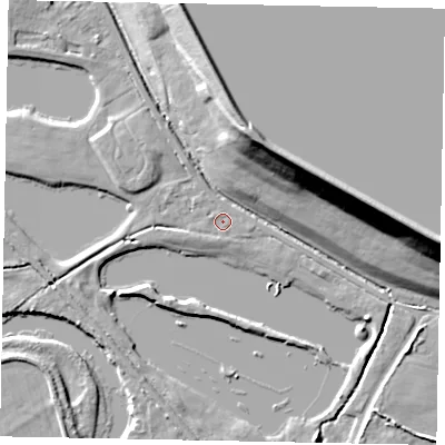 Shaded relief map of the ground around SL39HY, computed from Environment Agency LiDAR. The ground here sits at about 18 m above sea level and falls 22 m across the surrounding 800 m. Surface water reaching this point runs off ground lying to the south-south-west, 0.6 m higher.