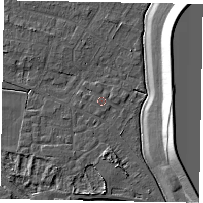 Shaded relief map of the ground around SL39JB, computed from Environment Agency LiDAR. The ground here sits at about 18 m above sea level and falls 21 m across the surrounding 800 m. Surface water reaching this point runs off ground lying to the west, 0.5 m higher.