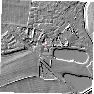 Shaded relief map of the ground around SL39JD, computed from Environment Agency LiDAR. The ground here sits at about 18 m above sea level and falls 7 m across the surrounding 800 m. Surface water reaching this point runs off ground lying to the west-south-west, 0.9 m higher.