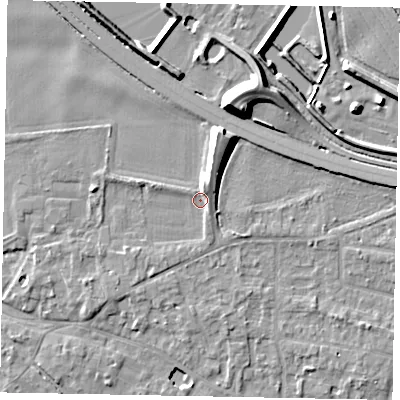 Shaded relief map of the ground around SL39JF, computed from Environment Agency LiDAR. The ground here sits at about 19 m above sea level and falls 11 m across the surrounding 800 m. Surface water reaching this point runs off ground lying to the north-north-east, 3.8 m higher.
