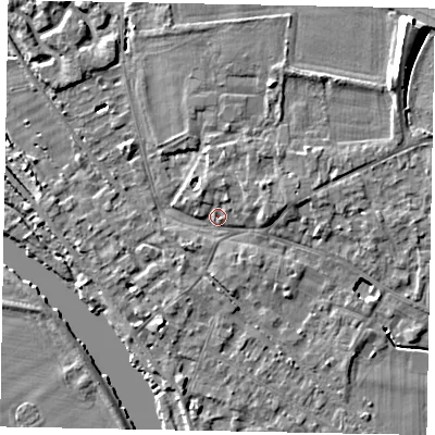 Shaded relief map of the ground around SL39JH, computed from Environment Agency LiDAR. The ground here sits at about 18 m above sea level and falls 11 m across the surrounding 800 m. Surface water reaching this point runs off ground lying to the north-east, 6.3 m higher.