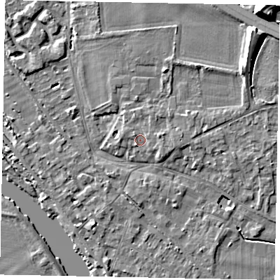 Shaded relief map of the ground around SL39JL, computed from Environment Agency LiDAR. The ground here sits at about 19 m above sea level and falls 12 m across the surrounding 800 m. Surface water reaching this point runs off ground lying to the east-north-east, 1.0 m higher.