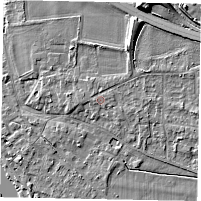 Shaded relief map of the ground around SL39JN, computed from Environment Agency LiDAR. The ground here sits at about 19 m above sea level and falls 12 m across the surrounding 800 m. Surface water reaching this point runs off ground lying to the west, 0.9 m higher.