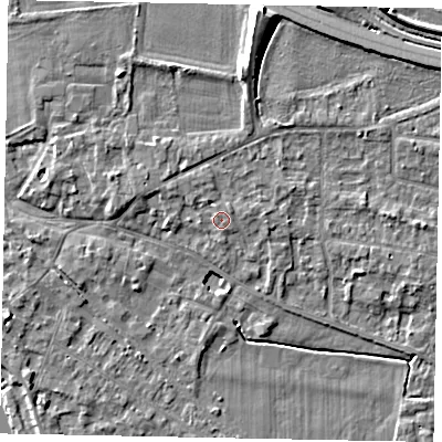 Shaded relief map of the ground around SL39JP, computed from Environment Agency LiDAR. The ground here sits at about 19 m above sea level and falls 11 m across the surrounding 800 m. Surface water reaching this point runs off ground lying to the north-north-west, 0.8 m higher.