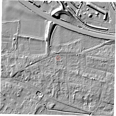 Shaded relief map of the ground around SL39JR, computed from Environment Agency LiDAR. The ground here sits at about 19 m above sea level and falls 12 m across the surrounding 800 m. Surface water reaching this point runs off ground lying to the north-north-west, 3.9 m higher.