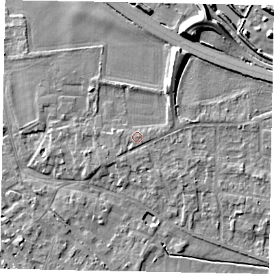 Shaded relief map of the ground around SL39JS, computed from Environment Agency LiDAR. The ground here sits at about 20 m above sea level and falls 12 m across the surrounding 800 m. Surface water reaching this point runs off ground lying to the east, 1.2 m higher.