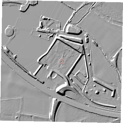 Shaded relief map of the ground around SL39JT, computed from Environment Agency LiDAR. The ground here sits at about 20 m above sea level and falls 11 m across the surrounding 800 m. Surface water reaching this point runs off ground lying to the south, 10.8 m higher.