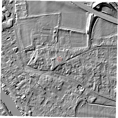 Shaded relief map of the ground around SL39JW, computed from Environment Agency LiDAR. The ground here sits at about 20 m above sea level and falls 12 m across the surrounding 800 m. Surface water reaching this point runs off ground lying to the west, 1.1 m higher.