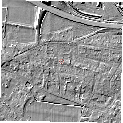 Shaded relief map of the ground around SL39JZ, computed from Environment Agency LiDAR. The ground here sits at about 19 m above sea level and falls 11 m across the surrounding 800 m. Surface water reaching this point runs off ground lying to the east, 0.6 m higher.