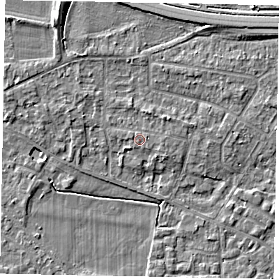 Shaded relief map of the ground around SL39LA, computed from Environment Agency LiDAR. The ground here sits at about 19 m above sea level and falls 9 m across the surrounding 800 m. Surface water reaching this point runs off ground lying to the east, 1.1 m higher.