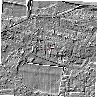 Shaded relief map of the ground around SL39LB, computed from Environment Agency LiDAR. The ground here sits at about 18 m above sea level and falls 8 m across the surrounding 800 m. Surface water reaching this point runs off ground lying to the north-north-west, 4.7 m higher.