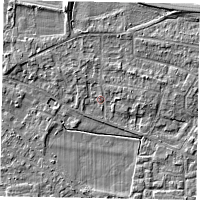Shaded relief map of the ground around SL39LD, computed from Environment Agency LiDAR. The ground here sits at about 18 m above sea level and falls 8 m across the surrounding 800 m. Surface water reaching this point runs off ground lying to the north-north-west, 4.8 m higher.