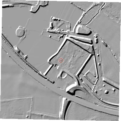 Shaded relief map of the ground around SL39LE, computed from Environment Agency LiDAR. The ground here sits at about 19 m above sea level and falls 11 m across the surrounding 800 m. Surface water reaching this point runs off ground lying to the north-north-east, 6.8 m higher.