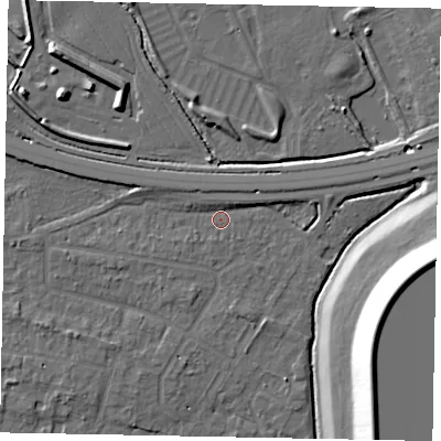 Shaded relief map of the ground around SL39LH, computed from Environment Agency LiDAR. The ground here sits at about 19 m above sea level and falls 20 m across the surrounding 800 m. Surface water reaching this point runs off ground lying to the north-west, 2.6 m higher.