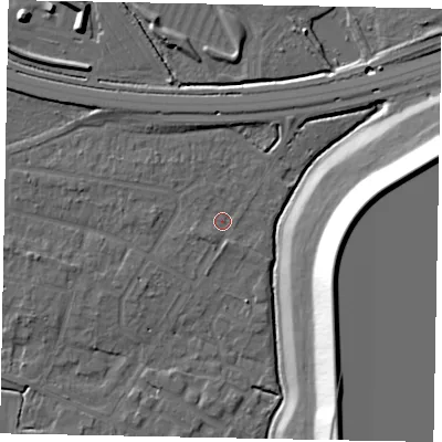 Shaded relief map of the ground around SL39LJ, computed from Environment Agency LiDAR. The ground here sits at about 18 m above sea level and falls 21 m across the surrounding 800 m. Surface water reaching this point runs off ground lying to the south-west, 1.4 m higher.
