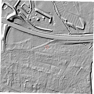 Shaded relief map of the ground around SL39LQ, computed from Environment Agency LiDAR. The ground here sits at about 19 m above sea level and falls 12 m across the surrounding 800 m. Surface water reaching this point runs off ground lying to the west-north-west, 9.2 m higher.