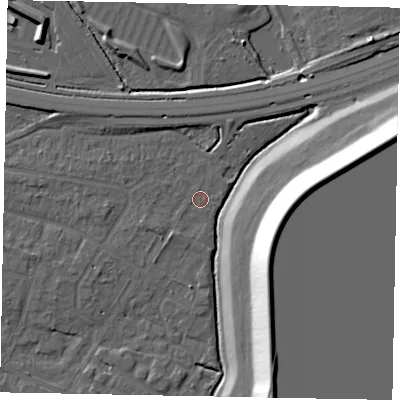 Shaded relief map of the ground around SL39LR, computed from Environment Agency LiDAR. The ground here sits at about 18 m above sea level and falls 20 m across the surrounding 800 m. Surface water reaching this point runs off ground lying to the south-west, 1.4 m higher.