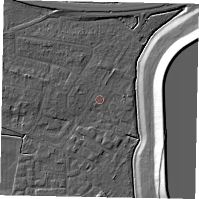 Shaded relief map of the ground around SL39LS, computed from Environment Agency LiDAR. The ground here sits at about 18 m above sea level and falls 21 m across the surrounding 800 m. Surface water reaching this point runs off ground lying to the north, 1.5 m higher.