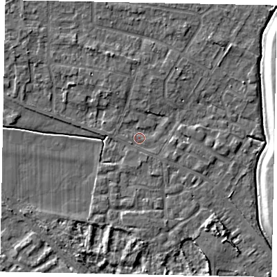 Shaded relief map of the ground around SL39LY, computed from Environment Agency LiDAR. The ground here sits at about 18 m above sea level and falls 6 m across the surrounding 800 m. Surface water reaching this point runs off ground lying to the north-north-west, 2.5 m higher.