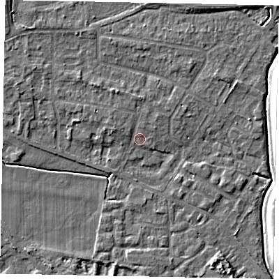 Shaded relief map of the ground around SL39LZ, computed from Environment Agency LiDAR. The ground here sits at about 19 m above sea level and falls 5 m across the surrounding 800 m. Surface water reaching this point runs off ground lying to the west-north-west, 1.4 m higher.