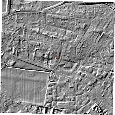 Shaded relief map of the ground around SL39NA, computed from Environment Agency LiDAR. The ground here sits at about 19 m above sea level and falls 5 m across the surrounding 800 m. Surface water reaching this point runs off ground lying to the north-west, 1.6 m higher.