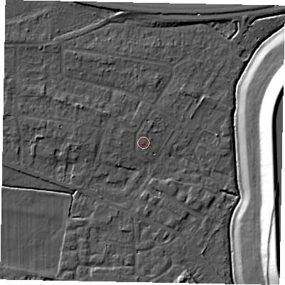 Shaded relief map of the ground around SL39ND, computed from Environment Agency LiDAR. The ground here sits at about 19 m above sea level and falls 21 m across the surrounding 800 m. Surface water reaching this point runs off ground lying to the west-north-west, 1.2 m higher.