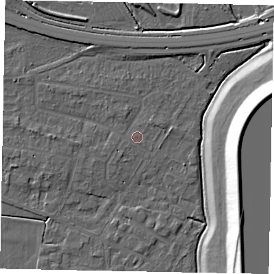 Shaded relief map of the ground around SL39NE, computed from Environment Agency LiDAR. The ground here sits at about 19 m above sea level and falls 21 m across the surrounding 800 m. Surface water reaching this point runs off ground lying to the north-east, 0.6 m higher.