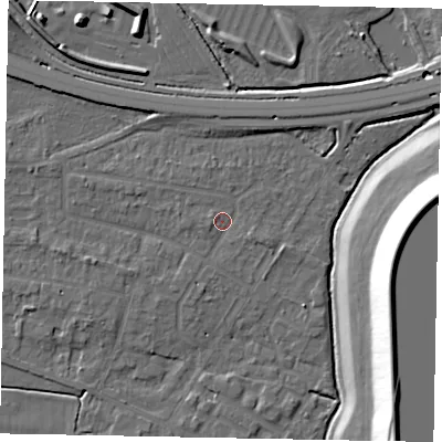 Shaded relief map of the ground around SL39NF, computed from Environment Agency LiDAR. The ground here sits at about 19 m above sea level and falls 21 m across the surrounding 800 m. Surface water reaching this point runs off ground lying to the west-south-west, 2.0 m higher.