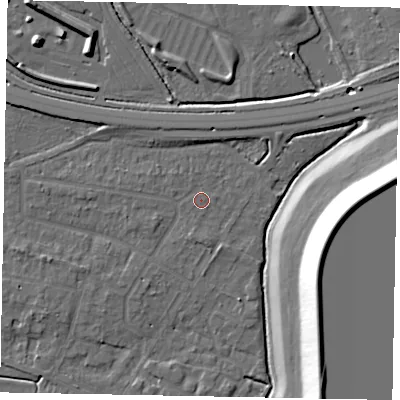 Shaded relief map of the ground around SL39NG, computed from Environment Agency LiDAR. The ground here sits at about 19 m above sea level and falls 21 m across the surrounding 800 m. Surface water reaching this point runs off ground lying to the west-south-west, 2.0 m higher.