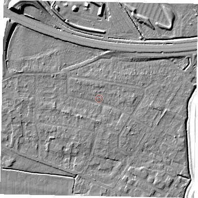 Shaded relief map of the ground around SL39NH, computed from Environment Agency LiDAR. The ground here sits at about 19 m above sea level and falls 12 m across the surrounding 800 m. Surface water reaching this point runs off ground lying to the south-west, 1.9 m higher.