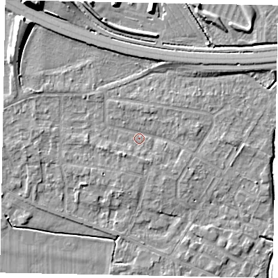 Shaded relief map of the ground around SL39NJ, computed from Environment Agency LiDAR. The ground here sits at about 19 m above sea level and falls 11 m across the surrounding 800 m. Surface water reaching this point runs off ground lying to the south-west, 1.9 m higher.