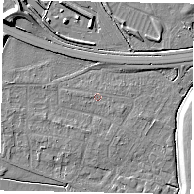 Shaded relief map of the ground around SL39NQ, computed from Environment Agency LiDAR. The ground here sits at about 19 m above sea level and falls 12 m across the surrounding 800 m. Surface water reaching this point runs off ground lying to the east-north-east, 0.7 m higher.