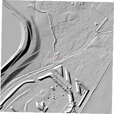 Shaded relief map of the ground around SL39NT, computed from Environment Agency LiDAR. The ground here sits at about 20 m above sea level and falls 22 m across the surrounding 800 m. Surface water reaching this point runs off ground lying to the north-west, 18.4 m higher.