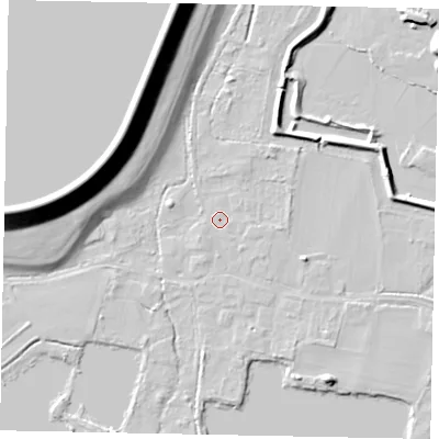Shaded relief map of the ground around SL39NU, computed from Environment Agency LiDAR. The ground here sits at about 18 m above sea level and falls 20 m across the surrounding 800 m. Surface water reaching this point runs off ground lying to the east, 0.6 m higher.