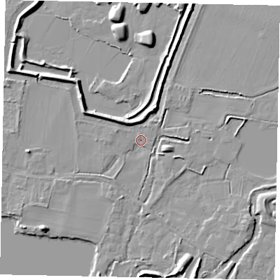 Shaded relief map of the ground around SL39PB, computed from Environment Agency LiDAR. The ground here sits at about 19 m above sea level and falls 7 m across the surrounding 800 m. Surface water reaching this point runs off ground lying to the north-north-east, 5.1 m higher.
