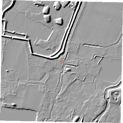 Shaded relief map of the ground around SL39PD, computed from Environment Agency LiDAR. The ground here sits at about 19 m above sea level and falls 7 m across the surrounding 800 m. Surface water reaching this point runs off ground lying to the east-south-east, 2.8 m higher.